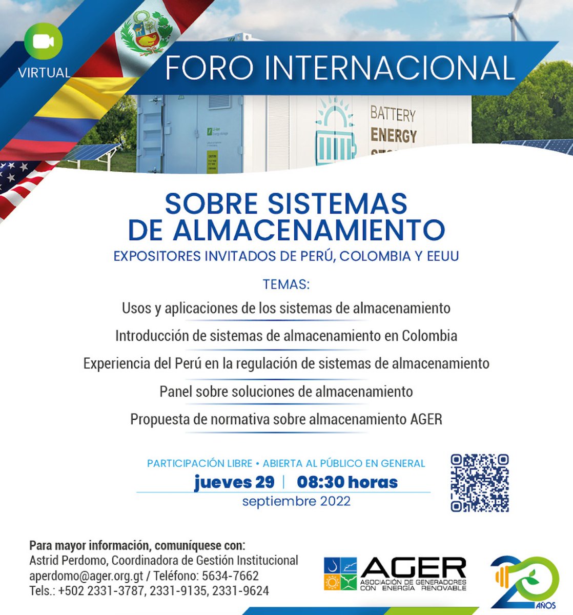 🗓️ Este jueves 29 de septiembre, a partir de las 8:30, los invitamos a participar al “Foro internacional  sobre sistemas de almacenamiento de energía”, organizado por <a href="/Ager_GT/">AGER</a>.
 
📌El foro es gratuito y abierto para público en general.
🔗Registrate aquí: bit.ly/3dRhUF0