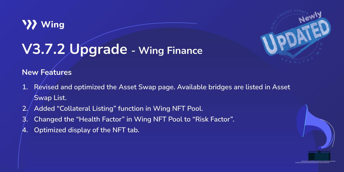 Wing_Finance's tweet image. Catch up with the latest updates on #Wing  Finance and #NFTPool 🙌 including

✅Optimized the Asset Swap page
✅Added Collateral Listing function in #NFTPool ✅Health Factor changed to Risk Factor

Details👇