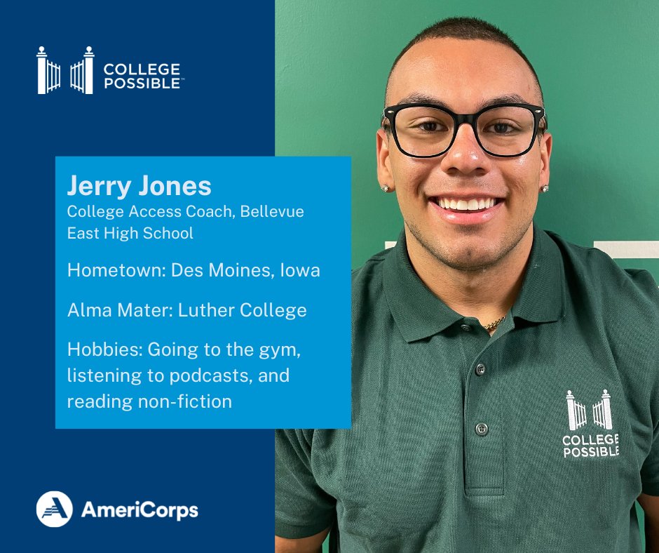 CollPossibleOMA's tweet photo. We want to introduce you to our 2022-23 AmeriCorps members! For our first Member Monday, meet Jerry, a college access coach at Bellevue East High School.
You can serve alongside Jerry by applying here: https://t.co/Qe2yHuv8Hi
#AmeriCorps #NEServes #AmeriCorpsWorks https://t.co/IFiFFU7ocw