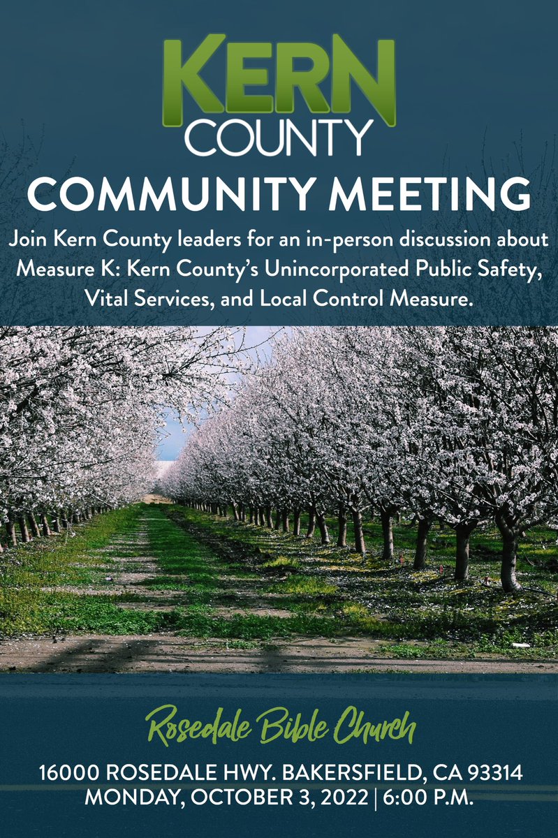 Rosedale ➡️ Next week, Kern County leaders will be in the Rosedale area for an educational workshop about Measure K: Kern County’s Unincorporated Public Safety, Vital Services, and Local Control Measure. Join them on October 3, 2022, at the Rosedale Bible Church.