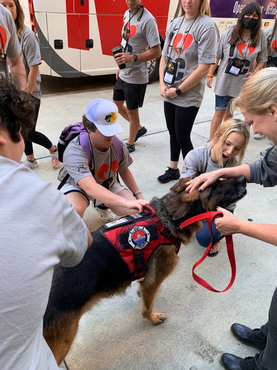 dcfireems's tweet photo. Young people from the @IAFFofficial Burn Camp are greeted by our peer support team dogs as they arrive for lunch at our Chinatown Firehouse, sponsored by @IAFF36 and the  @DCFFBFoundation. All of the participants are burn survivors 13-15 years old. https://t.co/1YW42Rbqie