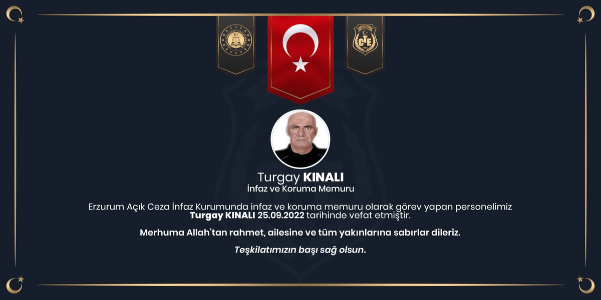 CezaeviAjansi's tweet photo. CTE’den Erzurum Açık Ceza İnfaz Kurumu Personeli Turgay KINALI İçin Başsağlığı Mesajı

https://t.co/SW6fjpX8Az https://t.co/cPfXMJ2CE5