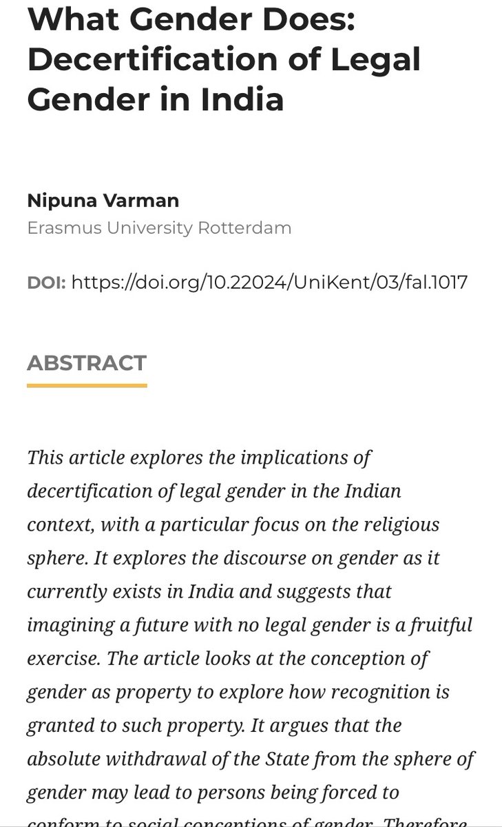 Really exciting to see this fantastic piece on gender decertification in India by Nipuna Varman out now in <a href="/feministsatlaw/">feministsatlaw</a>  journals.kent.ac.uk/index.php/femi…