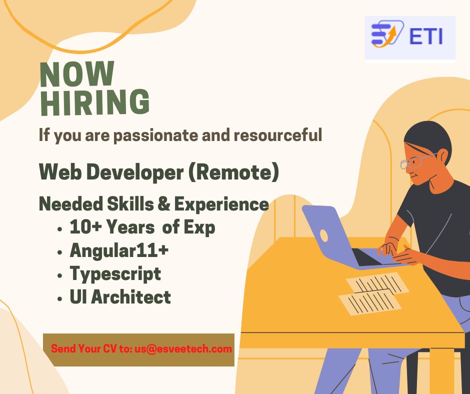 techesvee's tweet photo. We are Hiring for the below position
Role: Web Developer
Location: Remote (EST Time Zone)
If interested, can send resume to: us@esveetech.com
For More Details you can visit Website: https://t.co/r1s4juxbbz
#angular11 #ui #typescript #uiarchitect #remote #esttime https://t.co/CV9z1v94PA