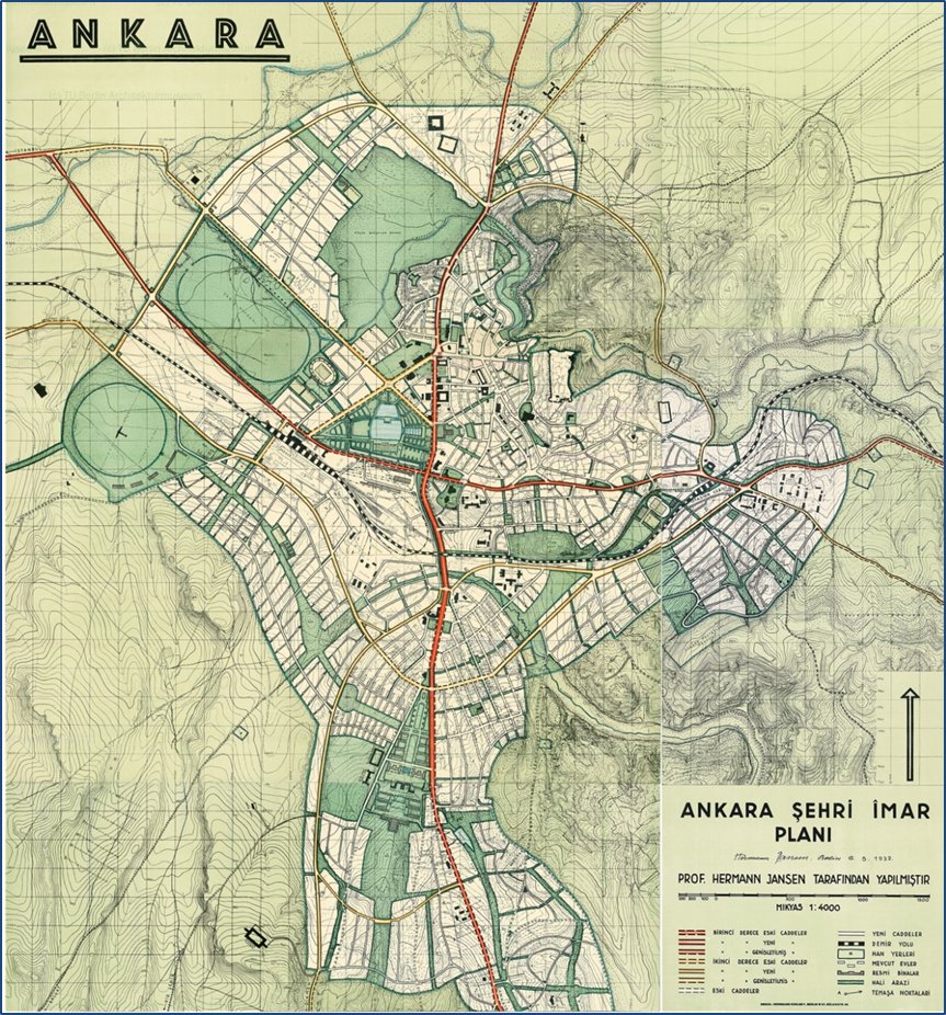 1- 100. Yılına hazırlandığımız Cumhuriyet’in ilk yıllarında 1927-1932 arasında hazırlanmış Hermann Jansen tarafından Ankara Şehri İmar Planı. Planın onayından bu yana geçen süre tam 90 yıl.