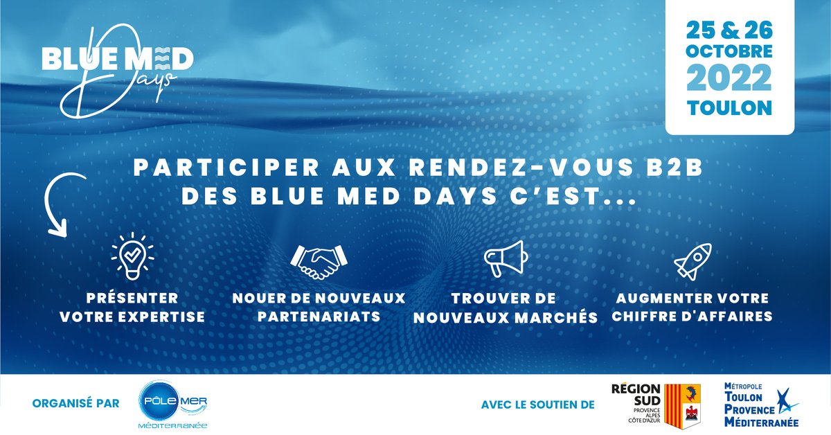 PoleMerMed's tweet image. 🤝 Profitez des rendez-vous B2B des #BMD2022 faire connaître votre entreprise, nouer de nouveaux partenariats, trouver de nouveaux marchés et augmenter votre chiffre d&apos;affaires !
🗓️ 25 &amp;amp; 26/10/2022 📍 #Toulon
Inscriptions 🔗 swll.to/2RaEF2Y