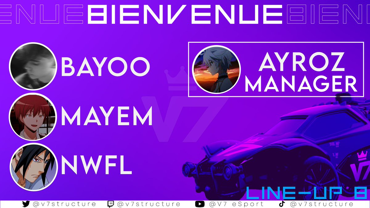 Vous attendiez du nouveau pour #RocketLeague ?
Voici <a href="/AAyroz5/">MGA Ayroz5</a> et sa line up qui nous rejoignent, il s'agit de:

--&gt; <a href="/bayoo_rl/">Bayoo.</a> 
--&gt; @MayRL_ 
--&gt; NWFL

D'autres recrutements arrivent, restez à l’affût 🫡
#GOV7 #eSports