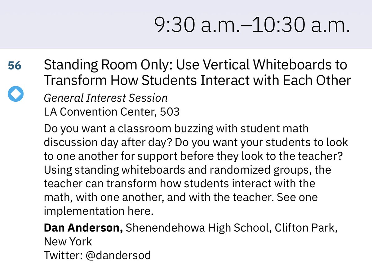 dandersod's tweet image. Looking for something to do Thurs AM at #NCTMAnnual ?
Swing by and hear about my implementation of VRG and VNPS, and work with other attendees on some fun problems! 

Also, would you like to enter a raffle for a free @Wipebook Flipchart? wipebook.com/conference_da (open to all!)