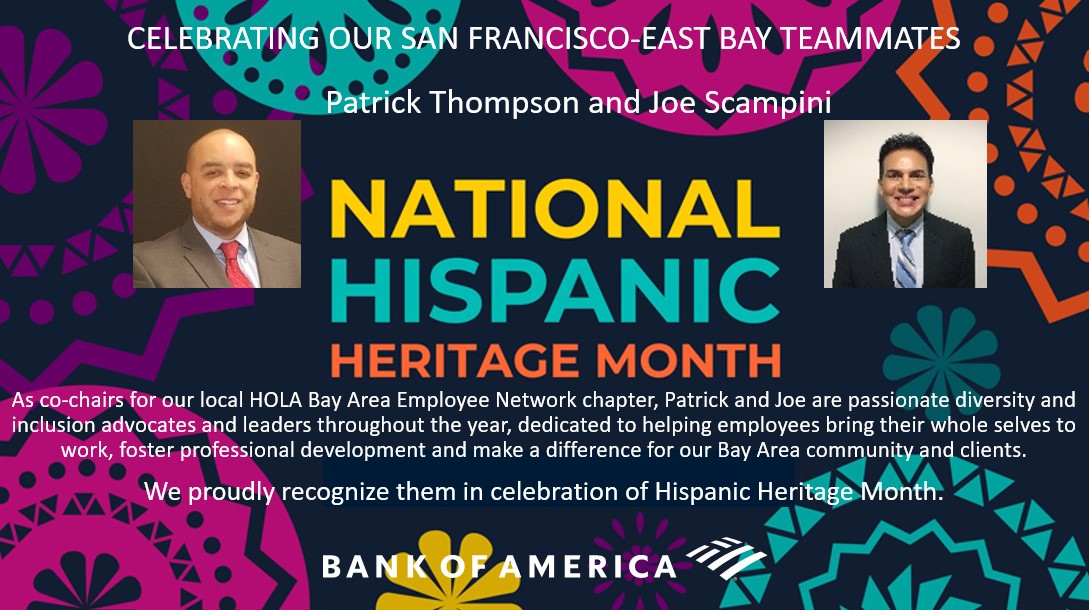 gioiamccarthy's tweet photo. As executive sponsor, I’m proud to recognize & thank @BankofAmerica #HOLA #BayArea Employee Network co-chairs #PatrickThompson & #JoeScampini for their commitment to inclusion & #SanFrancisco #EastBay #ERG leadership throughout the year! #HispanicHeritageMonth #MotivationMonday https://t.co/Zum6olWU8M