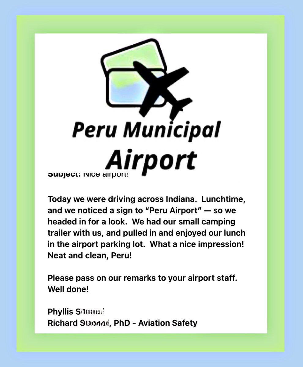 Peru Municipal Airport @Doug13Ways  <a href="/OfficialSOSIN/">Indiana Secretary of State Holli Sullivan</a> <a href="/IndianaOCRA/">Indiana Office of Community and Rural Affairs</a> <a href="/Indiana_EDC/">Indiana Economic Development Corp.</a> <a href="/VisitIndiana/">Visit Indiana</a> <a href="/InEconDevAssoc/">IEDA</a> <a href="/MiamiCoEDA/">MCEDA</a> <a href="/AviationWeek/">Aviation Week</a> <a href="/AviationSafety/">Aviation Safety Network (ASN)</a> #flyaway #pilot <a href="/PurdueMiami/">Purdue Extension-Miami County</a> #aviation #Airport <a href="/IndianaChamber/">Indiana Chamber</a> <a href="/SecChambersIN/">Secretary Brad Chambers</a> @GovHolcomb