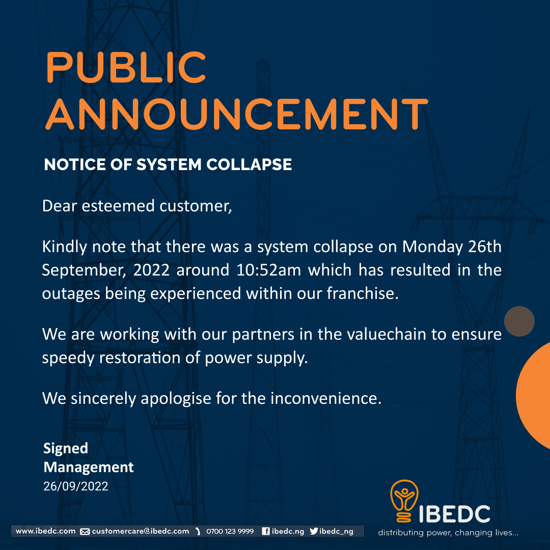 IBEDC_NG's tweet image. Public Announcement

#ibedc #tcn #systemcollapse #electricity #poweroutage #distributingpower #changinglives