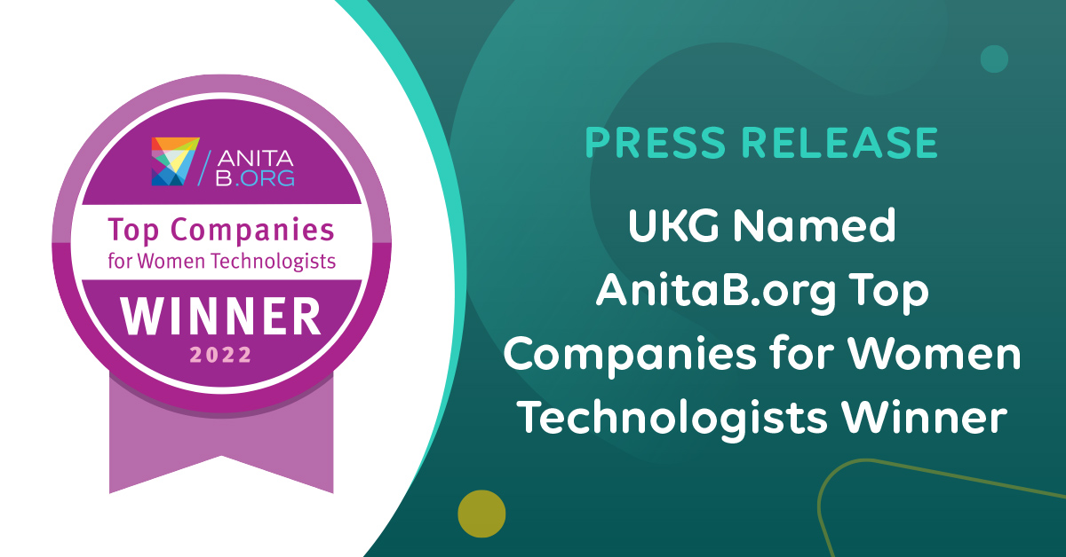 DMarcroft's tweet photo. UKG today announced the company has been named the overall Winner in its category for the AnitaB 2022 Top Companies for Women Technologists, landing the highest overall score of any company with 1,000-10,000 technical employees. https://t.co/AeOooRv7lK https://t.co/hGKoI4p8aU