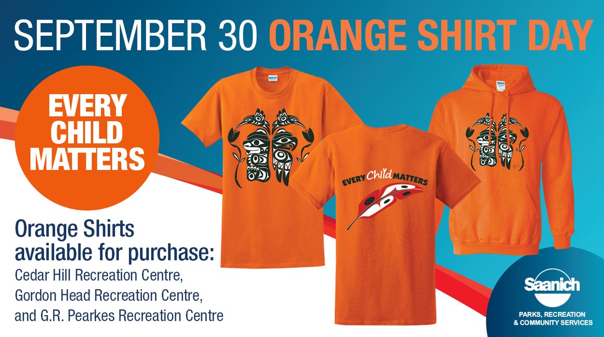 SaanichParksRec's tweet photo. We’re proud to be working with #VictoriaOrangeShirtDay to have their orange t-shirts &amp; hoodies available at #Saanich Recreation Centres this September. 🧡
Learn more about Victoria Orange Shirt Day: https://t.co/5IYSHNpoQ4
#EveryChildMatters https://t.co/GAKKfzLxlu