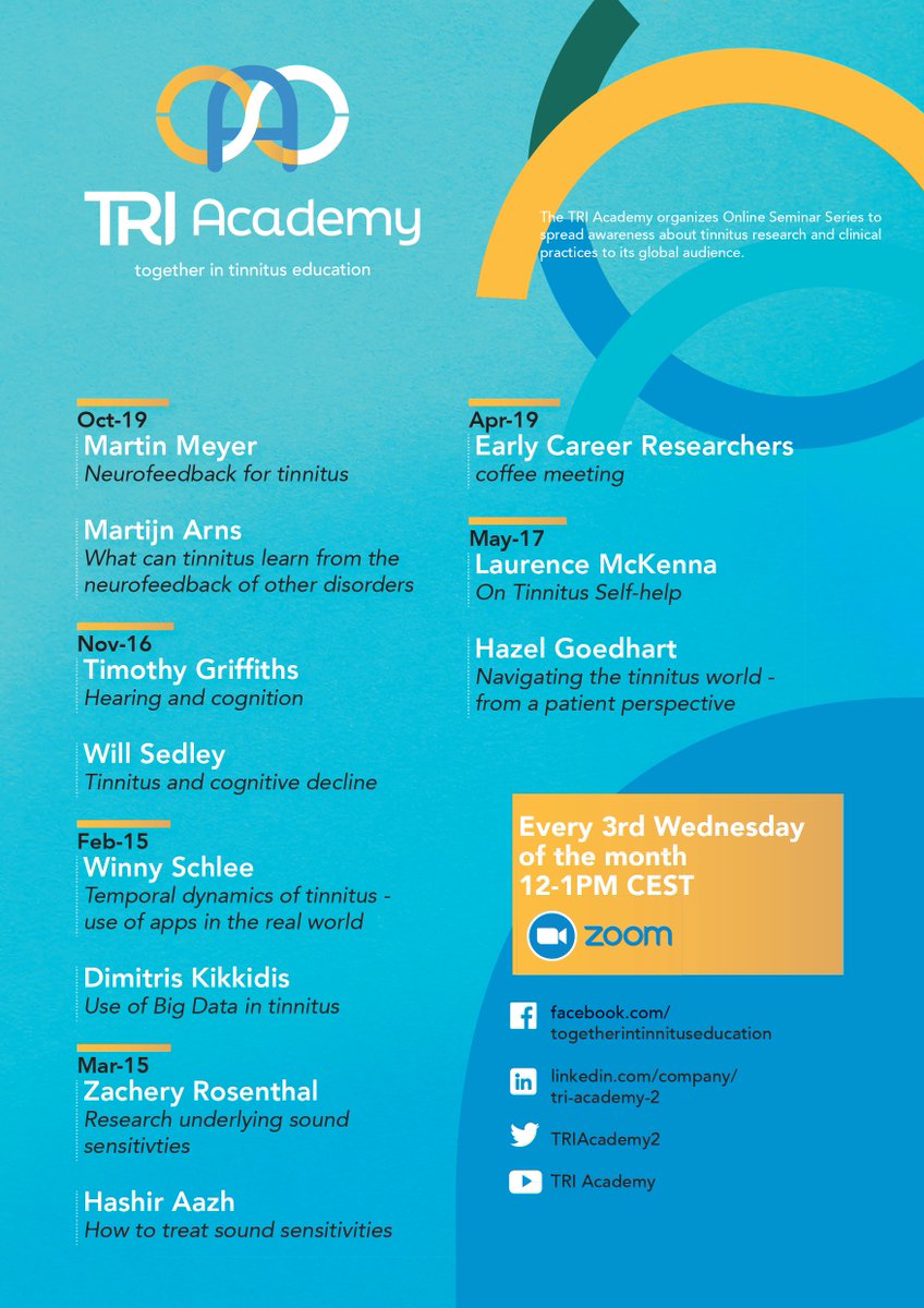 Register for the upcoming seminar episode on October 19th 👇us06web.zoom.us/webinar/regist…

Join us every 3rd Wednesday of the month between 12 and 1PM CEST for two short lectures in one Zoom session.
#tri #triacademy #togetherintinnituseducation #tinnitus