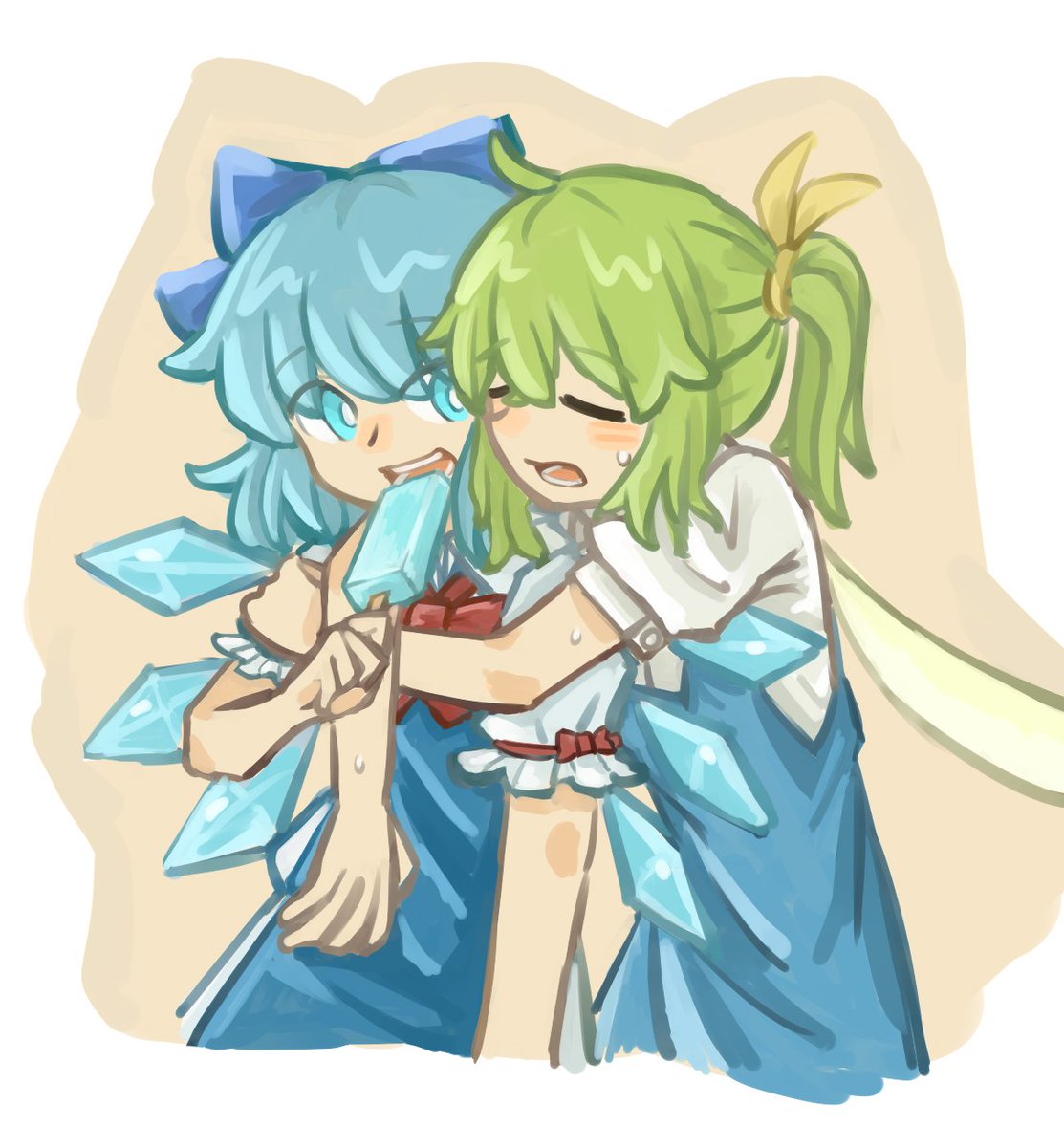 cirno ,daiyousei 2girls multiple girls wings food ice green hair ice wings  illustration images