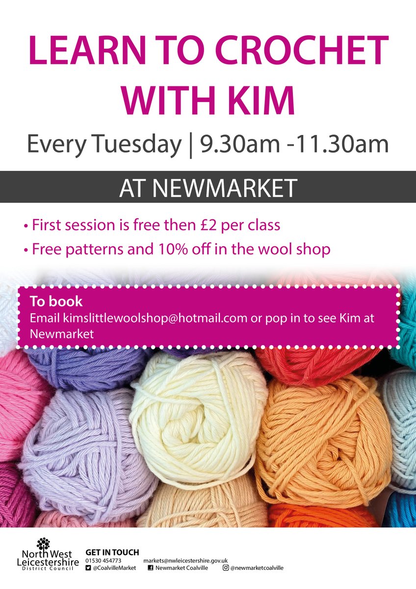 Learn to crochet with Kim! 🧶

Every Tuesday from 9.30am - 11.30am.

First session is free and then £2 per session.

To book, email kimslittlewoolshop@hotmail.com or pop in to see Kim at Newmarket.