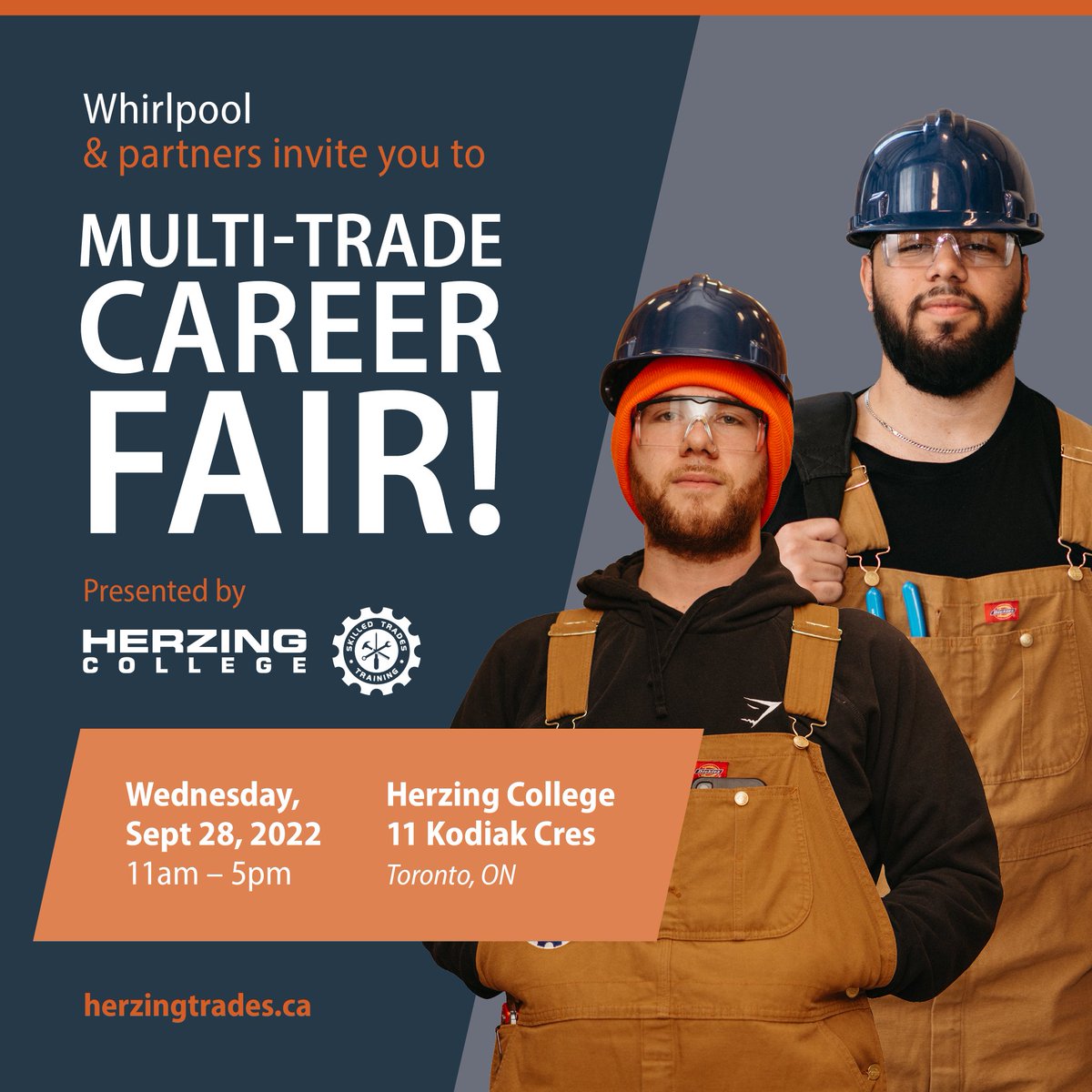 herzingtrades's tweet photo. Join us and our industry partners Wednesday for a multi-trade career fair. 

📅Wednesday, September 28
⏰11:00 AM to 5:00 PM
📌Herzing Toronto - 11 Kodiak Crescent

👉RSVP to christinea@herzingtrades.ca https://t.co/PdOuzKL8ui
