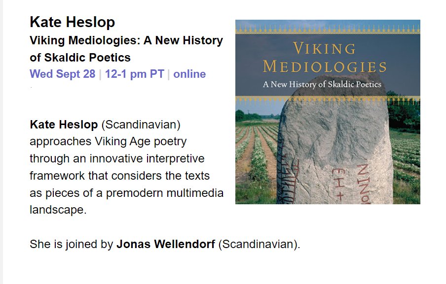 townsend_center's tweet photo. Calling all fans of poetry and Vikings! 

Join us Wed, 9/28 at 12 for a chat with Kate Heslop (@norsical1) about her new book, Viking Mediologies (@FordhamPress). She will be joined by Jonas Wellendorf (Scandinavian). #BerkeleyBookChats

More info: https://t.co/shUZIldlE5 https://t.co/yZ1nDnjHqO
