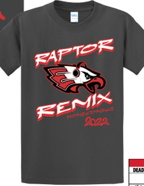 WeAreEaglecrest's tweet photo. Raptor Remix Homecoming Shirts are for sale for $10 in the Activities Office.   Limited quantity and sizes!  Come fast! OR buy a spirit pack for homecoming week which includes the t-shirt. https://t.co/CKGfkJZLoa