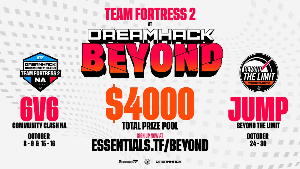 💥 #TeamFortress2 at #DHBeyond 2022! 💥

We're partenering up with <a href="/DreamHack/">DreamHack</a> once again to bring you awesome 6v6, rocket &amp; sticky jumping, and content competitions this OCTOBER!

There's $4000 of prizes up for grabs, sign up TODAY!

Essentials.TF/Beyond
☝️