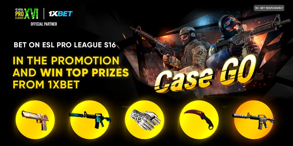 #ESLProLeague S16: Case GO 🔫 Make bets on the ESL Pro League 16 games during the promotion to win HUGE prizes and promo codes from #1xBet! 🎆 For more details ➡️1x-smart.com/casegotw