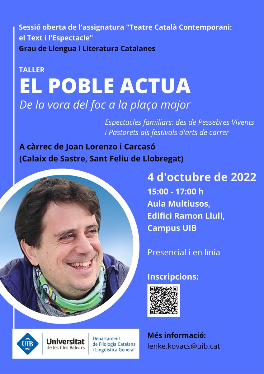 El 4 d’octubre, us convidam al taller “El poble actua. De la llar de foc a la plaça major. Espectacles familiars: des de Pessebres Vivents i Pastorets als festivals d’arts de carrer” a càrrec de Joan Lorenzo i Carcasó. És una activitat presencial i en línia. Inscriviu-vos-hi!