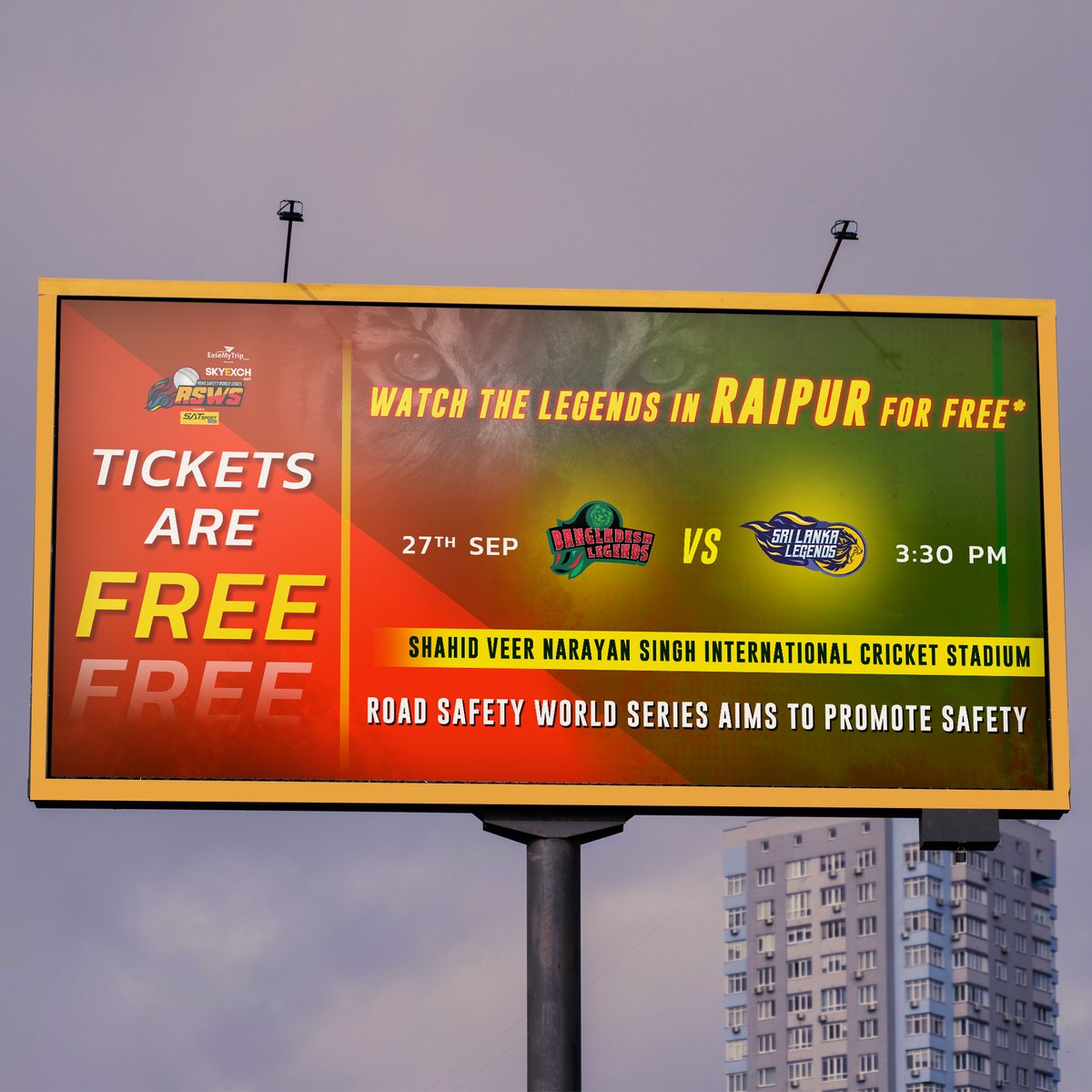 Did you know, all NON-INDIA matches are FREE for everyone in Raipur! 

Come watch us play against the Sri Lanka Legends tomorrow! 

Tickets live on @bookmyshowin to get an even better experience getting closer to the action! 🎟️

#RoadSafetyWorldSeries #RSWS #BangladeshLegends