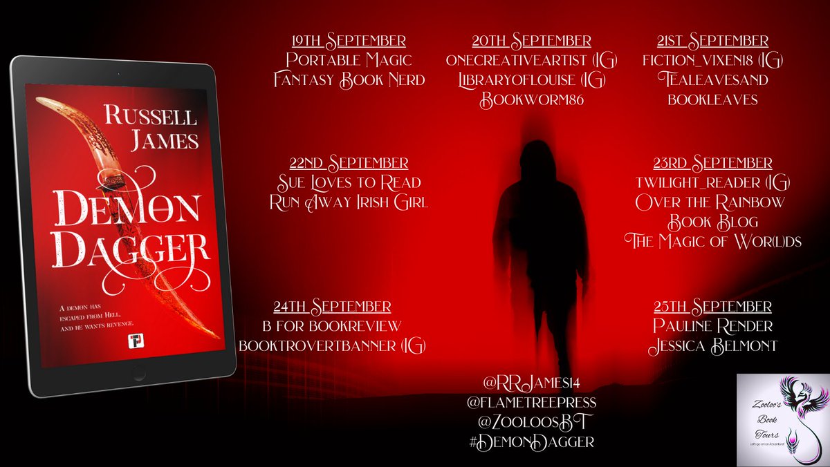 ZooloosBT's tweet photo. HUGE thanks to @kirstylock2 @fitzgerald631 @sue74wallace74 @runawayirishg #twilight_reader @MagicofWorldsBE and @BookreviewB for taking part in the #DemonDagger #booktour
Please remember to post your reviews to Amazon and Goodreads.
@RRJames14 @flametreepress #ZooloosBT https://t.co/7Trb0ajVnm