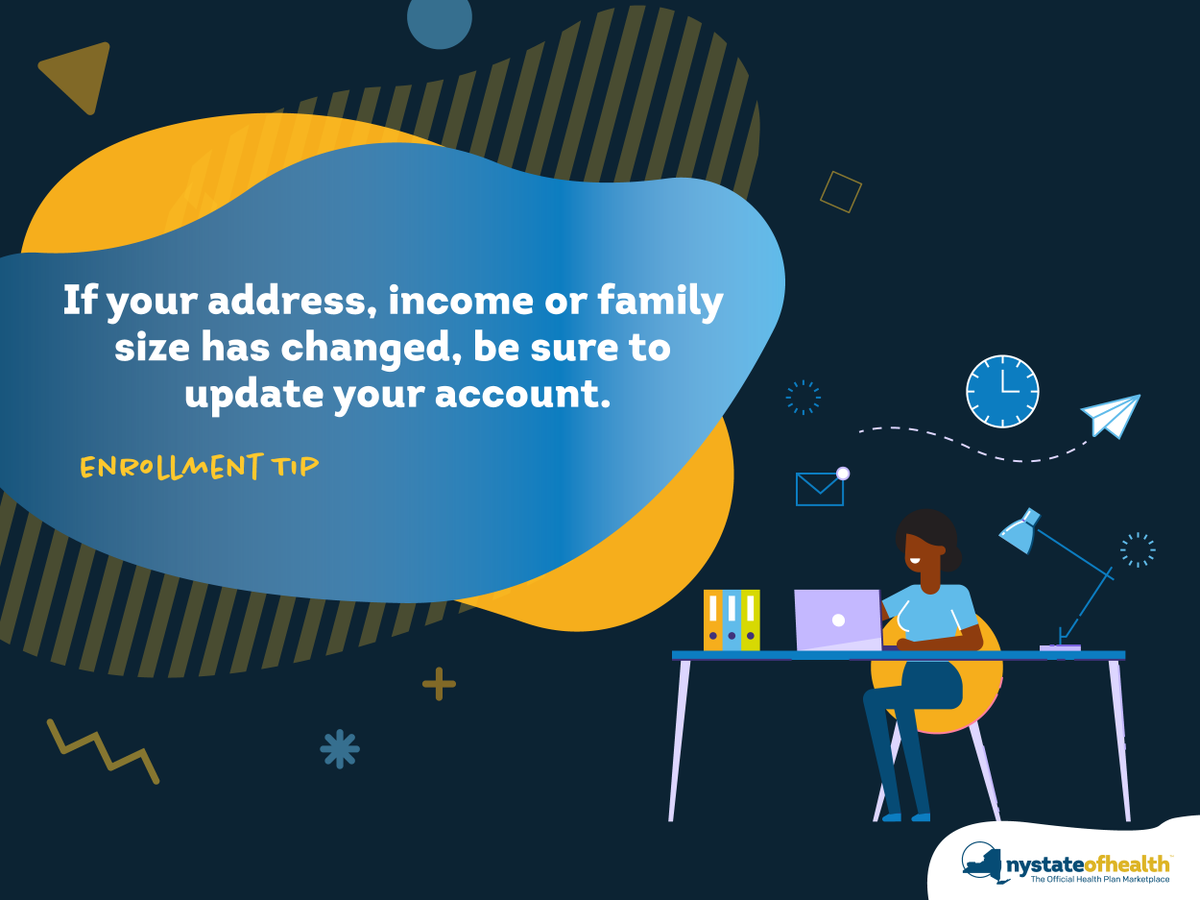 NYStateofHealth's tweet photo. No matter the time of year, it's important to keep your NY State of Health account up to date! Visit: https://t.co/v3Ojbz5NCV, click the green "Get Started" button and then tap "Click Here to Login" to review your account and make any needed changes. #EnrollmentTips #EnrollNY https://t.co/lBPexX8huc
