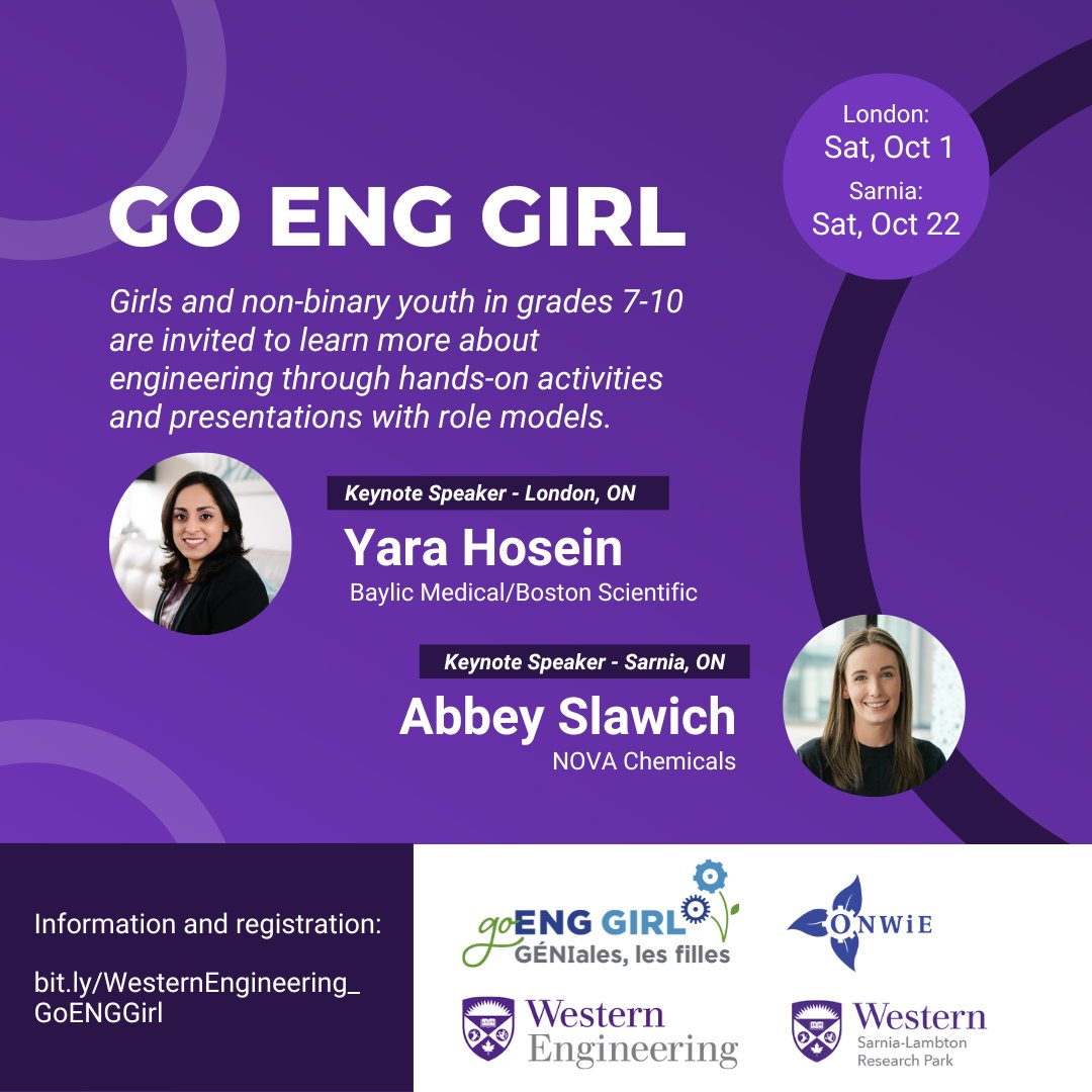 Grade 7-10 Girls: Join us for GO ENG GIRL in Sarnia on October 22!  It will be an exciting day of engineering activities, demonstrations and speakers! Register today at bit.ly/WesternEnginee…