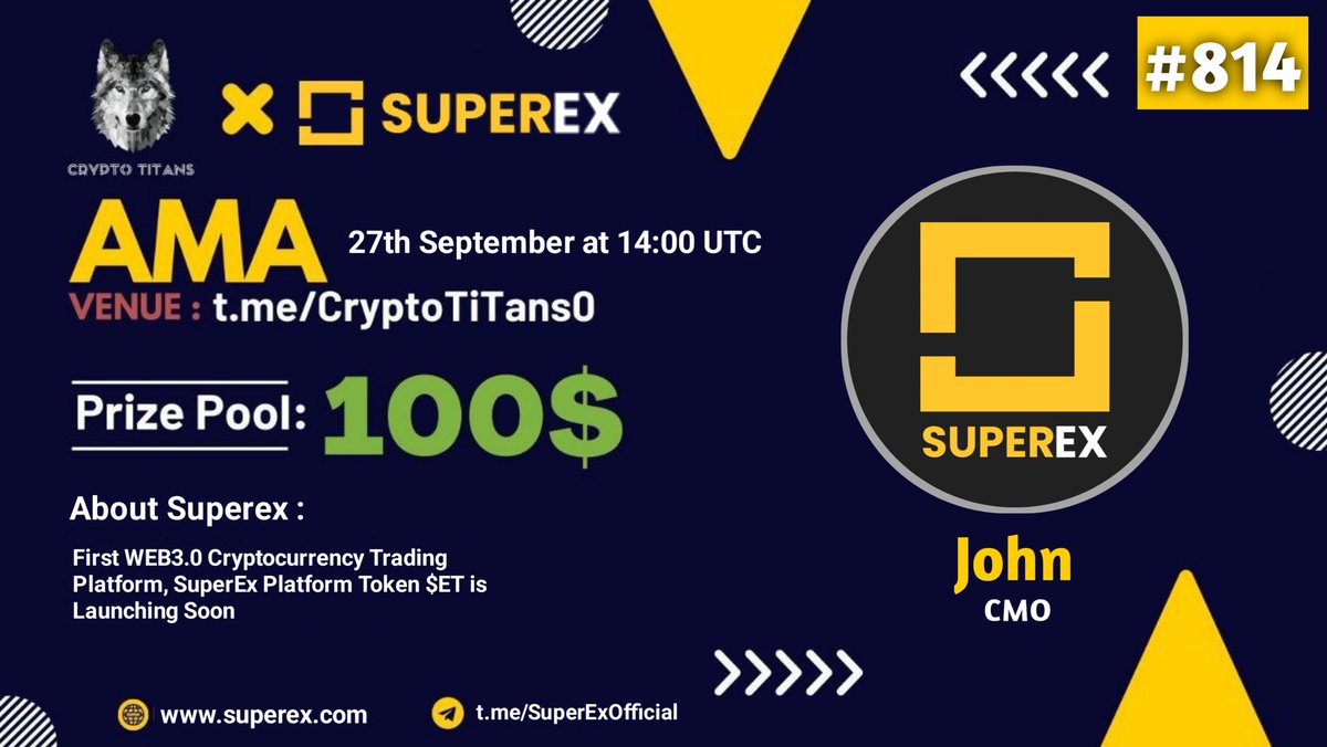 CryptoTitans1's tweet photo. 🤍AMA Series With https://t.co/G51w5aMFEz

🎁Prize: $100 USDT
📆Date: September 27th 14:00 UTC
🏨 Venue: https://t.co/UC8QQTICnm

Rules : https://t.co/egKCy6Xs7a

🖤 Follow

@superex

&amp;

@CryptoTitans1

2. Like Retweet &amp; Comment Your Questions (3 Questions Max) Tag 3 friends. https://t.co/csUk8t9fcL