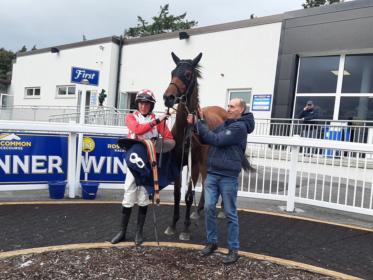 Patrick Cody pictured after riding his first winner on Quaresome <a href="/RoscommonRaces/">Roscommon Racecourse</a> with his proud dad Pat leading up