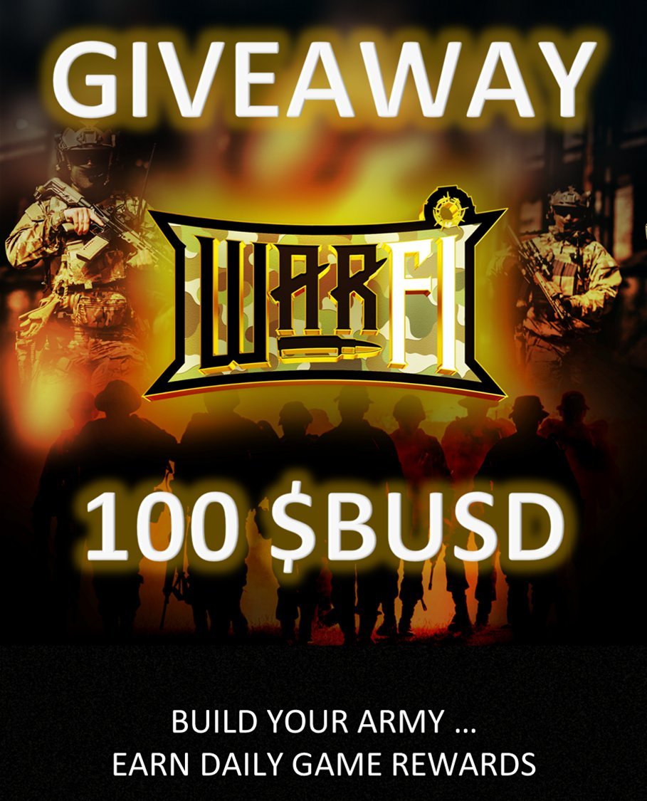New #Giveaway 🥳

🏆 100 $BUSD 

📜RULES

✅ Follow @Ch0wja & @WarFiP2e
✅❤️ + 🔃 + Tag x3 🪖 Soldiers
✅ Join WarFi’s discord 
✅ comment (or DM) your ID : I'll check 🧐
➡️ discord.gg/xnWrBk3MbR
 
⏳ Draw October 2nd 

Good Luck Soldiers 🍀

#BSC #P2E #NFTGiveaway #nftgames