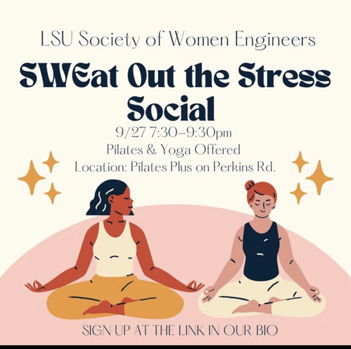 LSU Engineering Diversity Initiative (@lsucoediversity) on Twitter photo From <a href="/LSU_SWE/">SWE at LSU</a>
SWEating with Pilates and Yoga Social this Tuesday!!
& Sign up for private classes exclusive for you and your SWEsters!
Exercise is a great way to de-stress! Link in Bio! Come SWEat with SWE! From <a href="/LSU_SWE/">SWE at LSU</a>
SWEating with Pilates and Yoga Social this Tuesday!!
& Sign up for private classes exclusive for you and your SWEsters!
Exercise is a great way to de-stress! Link in Bio! Come SWEat with SWE!