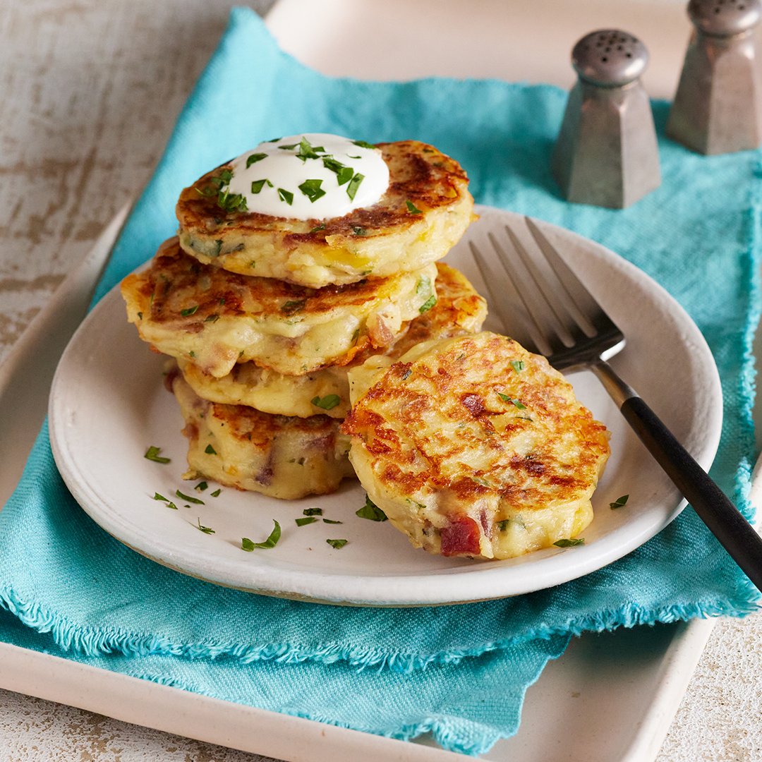 You'll flip for this savory take on pancakes. 🥞 This #NationalPancakeDay, try out our recipe for Loaded Mashed Potato Pancakes: ow.ly/PwUu50KtAUf