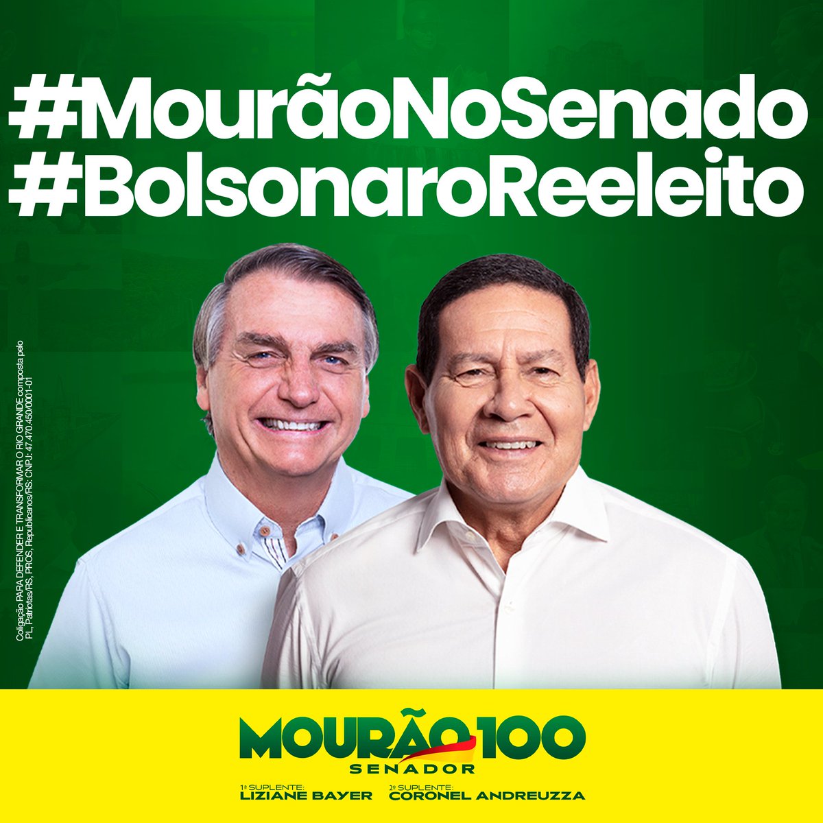 GeneralMourao's tweet photo. O presidente @jairbolsonaro precisa ser reeleito para que o Brasil avance cada vez mais. Estarei ao seu lado, no Senado, apoiando seu governo. Vote 22 para presidente e vote 100 para o Senado no RS. 
#Vote100 
#MourãoSenador 
#Bolsonaro22 https://t.co/9tjz5H9lVb