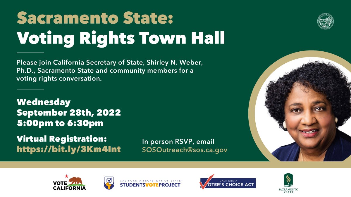 Reminder! Sac State will host Sec. of State Shirley Weber for a forum on voting rights this Wednesday. Sept. 28 at 5:00 p.m. It will be held in-person at the Hinde Auditorium and live streamed for the public. Register online here: bit.ly/3Km4Int!