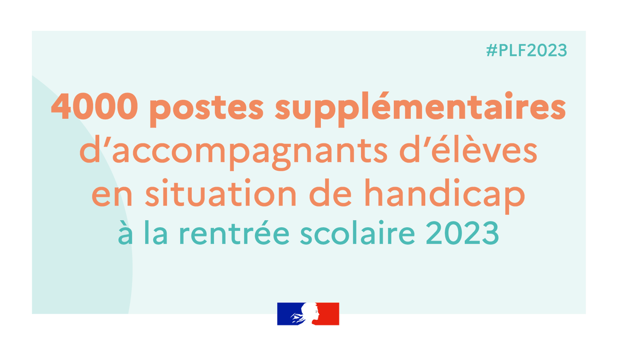 education_gouv's tweet photo. #PLF2023 Rendre l’école accessible à tous | La scolarisation des enfants en situation de handicap demeure un objectif prioritaire : 4 000 nouveaux postes d’AESH seront créés à la rentrée scolaire 2023. #ecoleinclusive https://t.co/rU4ZIvGjvD