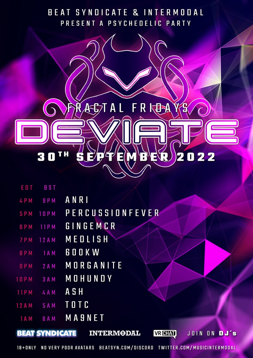 Come hang with the @beat_syn and Intermodal crew ALL NIGHT LONG on Friday! Bridging the US/EU gap again! Let's gooo! #vrchat #psytrance #psytech