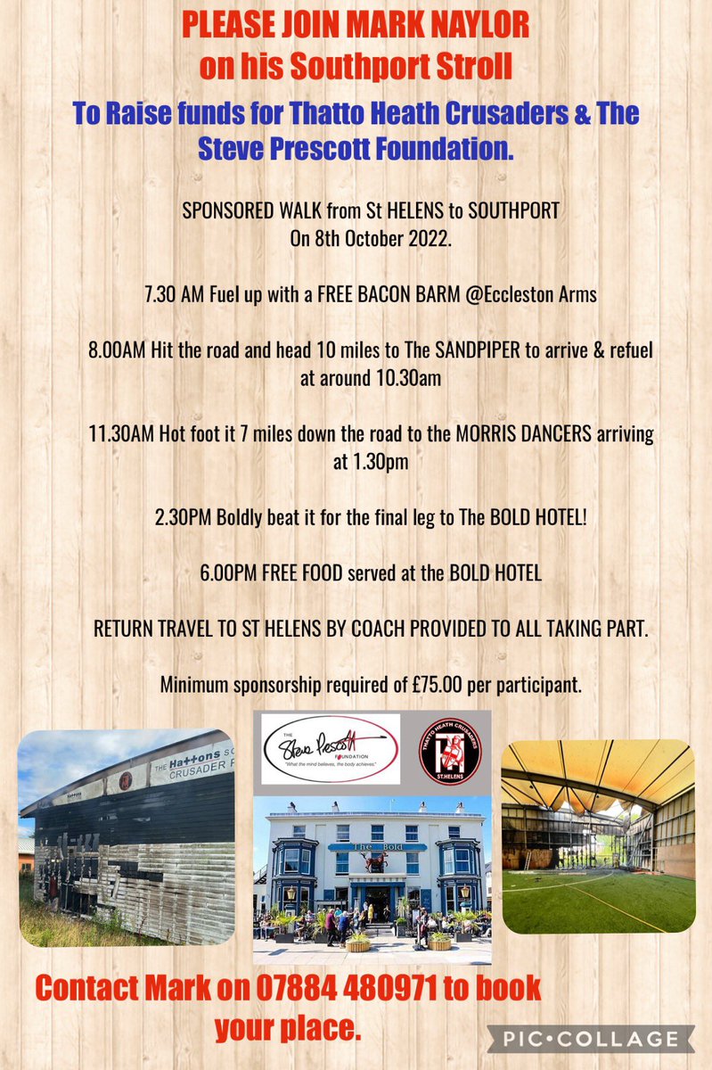 Join Mark on this sponsored walk to raise funds towards the barn repairs and for the SPF!
<a href="/ThcSunday/">Sunday Club Thc</a> <a href="/ThattoRflwomen/">Thatto Heath Crusaders Women Rfl</a> <a href="/THC18s/">Thatto Heath Crusaders U18s</a> <a href="/ThattoNWML/">Thatto Heath NWML</a> @HeathU12s <a href="/Thatto_U10/">Thatto Heath u10’s</a> @ThattoU9s @ThattoU14 @ThattoU13 <a href="/ThattoGirlsRL/">Thatto Heath Girls</a>