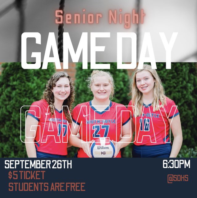 ‼️SENIOR NIGHT‼️
Vs Tellico Plains
<a href="/southdoylehs/">𝐒𝐨𝐮𝐭𝐡-𝐃𝐨𝐲𝐥𝐞 𝐇𝐢𝐠𝐡 𝐒𝐜𝐡𝐨𝐨𝐥</a> 

Jv <a href="/5/">Reserved</a>:30
Varsity <a href="/6/">Adrián Lamo</a>:30