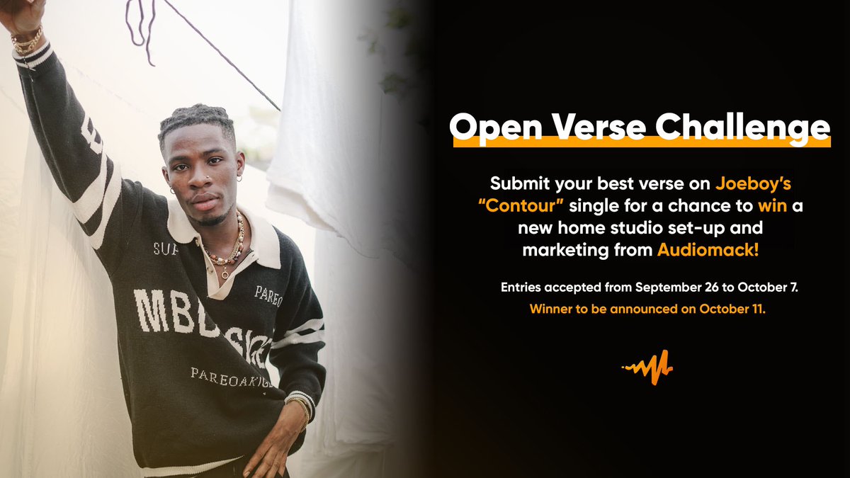 audiomack's tweet photo. Audiomack and @Joeboy are looking for the artist with the best “Contour” verse!
 
To enter: 
 
1. Download the Open Verse version 

2. Record your best verse

3. Upload to your Audiomack account with the title: “[Your Artist Name] #Contour” https://t.co/i8h3TnWdgA