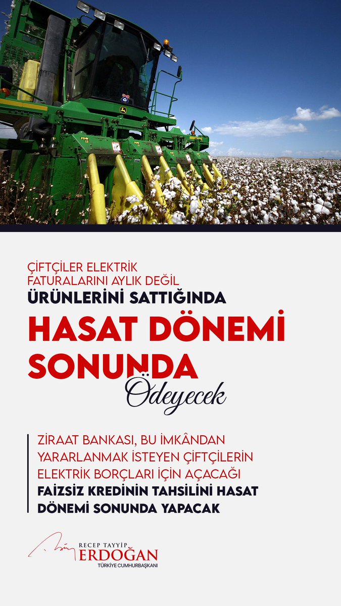 Elektrik faturalarıyla ilgili yeni bir düzenlemenin müjdesini çiftçilerimize veriyoruz. Bundan sonra elektrik faturaları aylık ödenmek yerine hasat sonunda, yani ürünler satılıp gelir elde edildiğinde ödenebilecek. Çiftçilerimize hayırlı olsun.