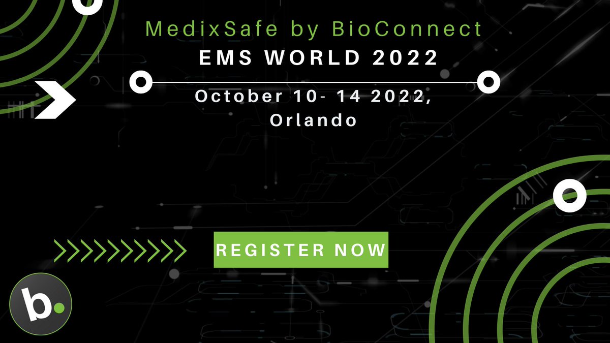 We are excited to announce that MedixSafe by BioConnect is a part of #EMSWorld2022 in Orlando, FL.  
Visit our Booth #1538 from October 10- October 14.

Register Now: bit.ly/3SEfBEl