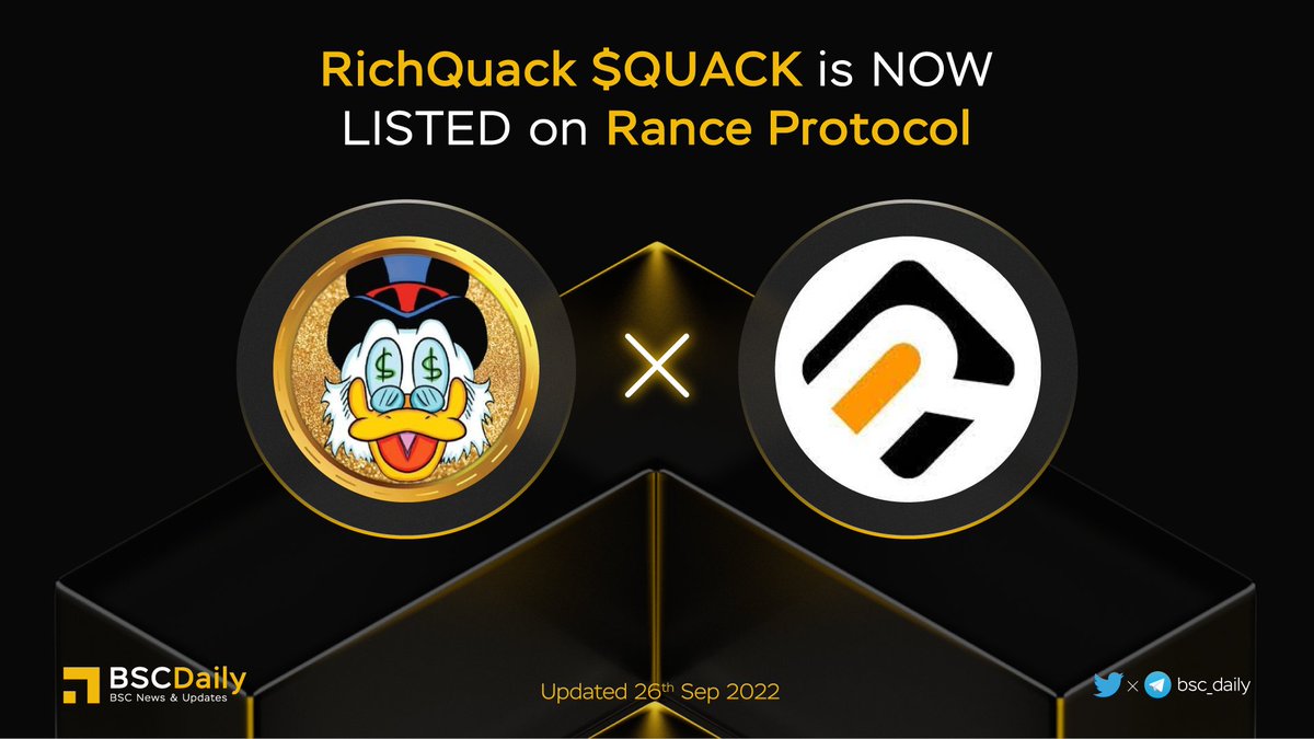 bsc_daily's tweet photo. 🎉 @RichQuack $QUACK is NOW LISTED on @RanceProtocol🚀

#QUACK - Hyper Deflationary, self-generating automatic liquidity that pays out static rewards to holders🔥

#RANCE - Decentralized cross-chain price shield insurance protocol. Don't just buy coins, buy insured coins🎉

#BNB https://t.co/aktUOjHYqg