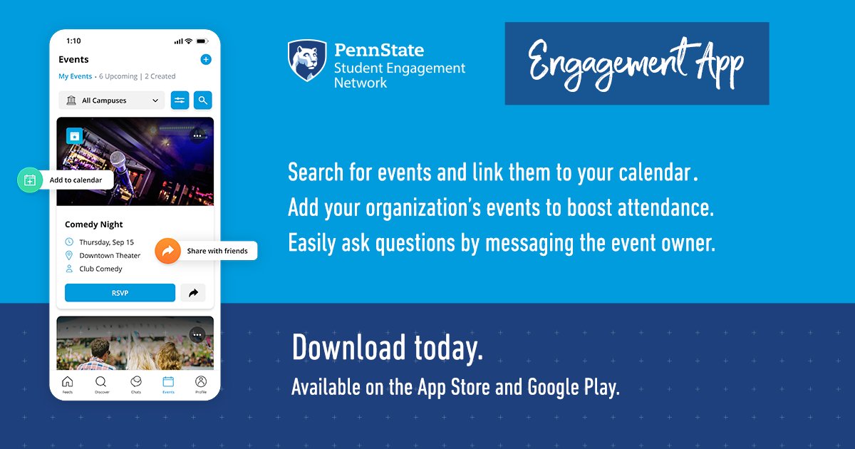 Download <a href="/penn_state/">Penn State</a>’s NEW Engagement App! 📱
🔍Search for events and link directly to your calendar. 
➕Add your organization’s events.
❔Easily ask questions.
Follow and request to join <a href="/PSULiberalArts/">Penn State College of the Liberal Arts</a> today! bit.ly/engageCLA
@EngagePennState <a href="/PSU_Undergrad/">PSU Undergrad Ed</a> <a href="/PSU_Success/">Penn State Student Success Center</a>