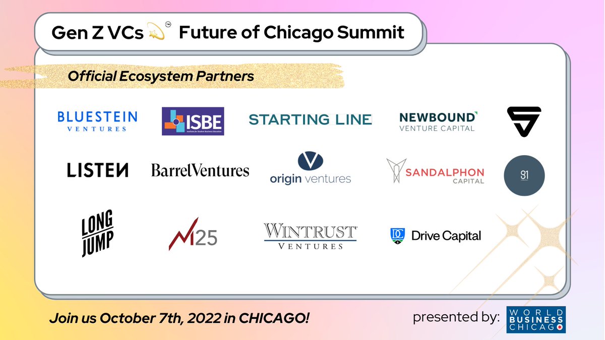 Ummmm talk about INCREDIBLE partners 🚀

If you're a founder, VC, student or builder -- you've gotta join us on Oct. 7th! 💫tinyurl.com/genzchicago

@NUISBE @a_hartman1 @startinglinevc @Subconscious_VC @listendotco @OriginVentures @sandalphoncap @longjumpfund @M25vc @drivecapital