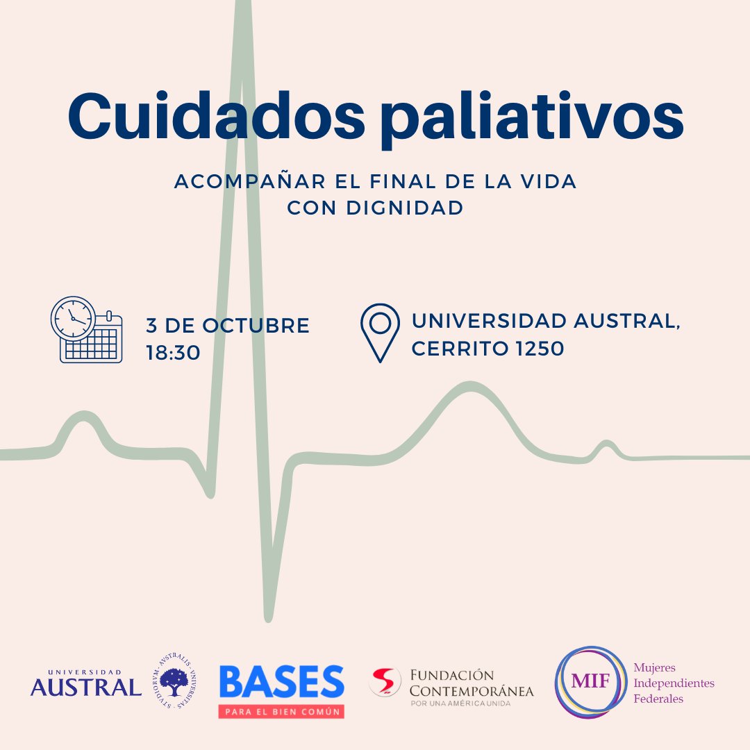 CIUDADOS PALIATIVOS
Acompañemos el final de la vida con dignidad. 
Una jornada de reflexión acerca de la importancia de los cuidados paliativos con <a href="/univaustral/">Universidad Austral</a> <a href="/basesbiencomun/">Bases para el Bien Común</a> <a href="/fcontemporanea/">Fundación Contemporánea</a> y <a href="/mifmujeres/">MIF Mujeres Independientes y Federales</a>