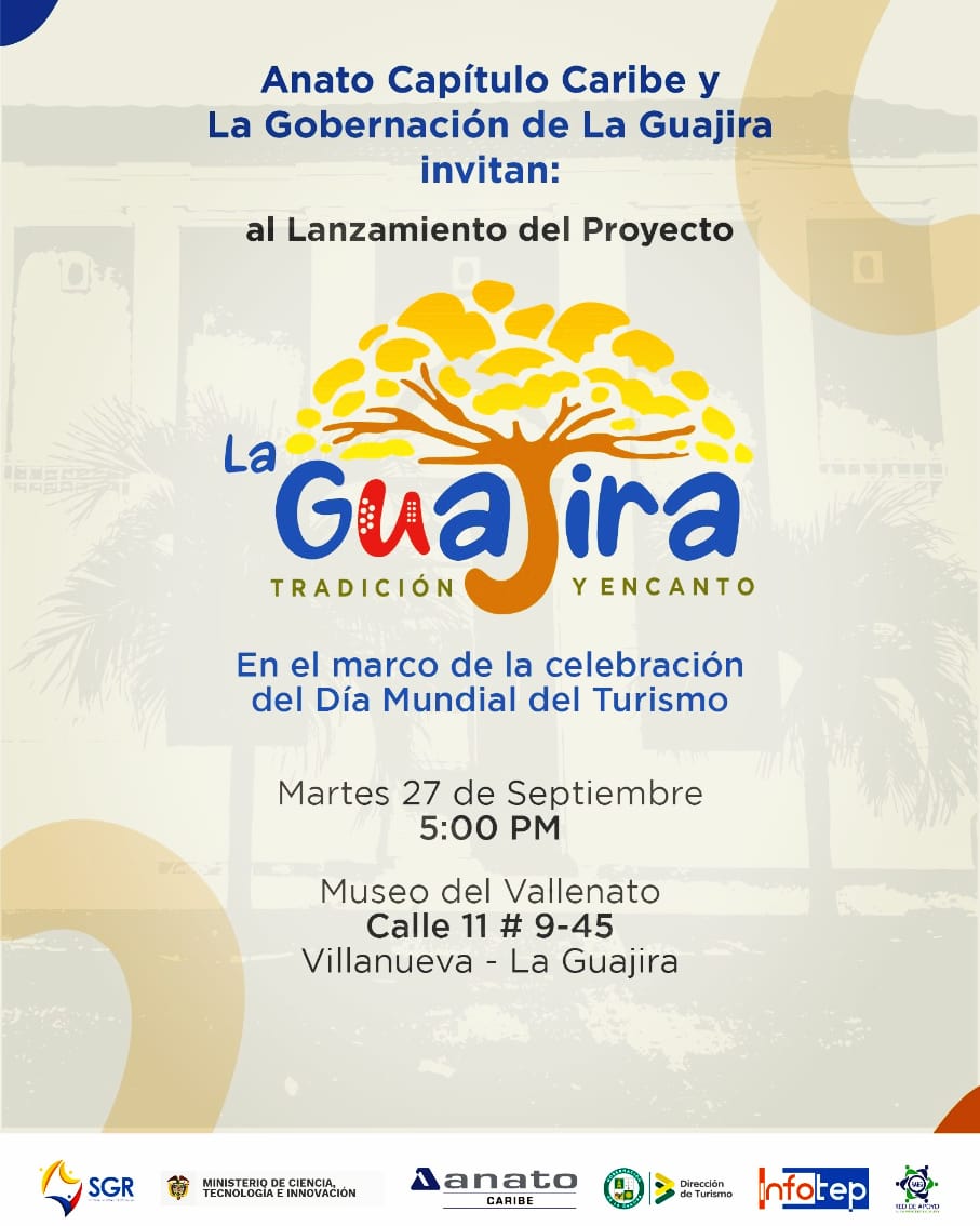 @gobernaciondelaguajira, <a href="/AnatoCaribe/">ANATO Capítulo Caribe</a>,@infotepguajira, @emprendedoresguajiros invitan a la Celebración del Día internacional del Turismo con el Lanzamiento del proyecto  @laguajira_tye.
#ViveLaGuajira
@josejaimeve <a href="/fonturcol/">Fontur Colombia</a> @procolombiaco <a href="/MincomercioCo/">MinComercio Colombia</a> @minciencias_co