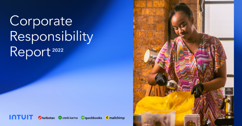 Intuit's tweet photo. We’re proud to release our 2022 Corporate Responsibility and DEI report. @LaraHBalazs highlights some of the incredible work taking place across the company to deliver on our mission of helping power prosperity around the world, especially for those that need it most.